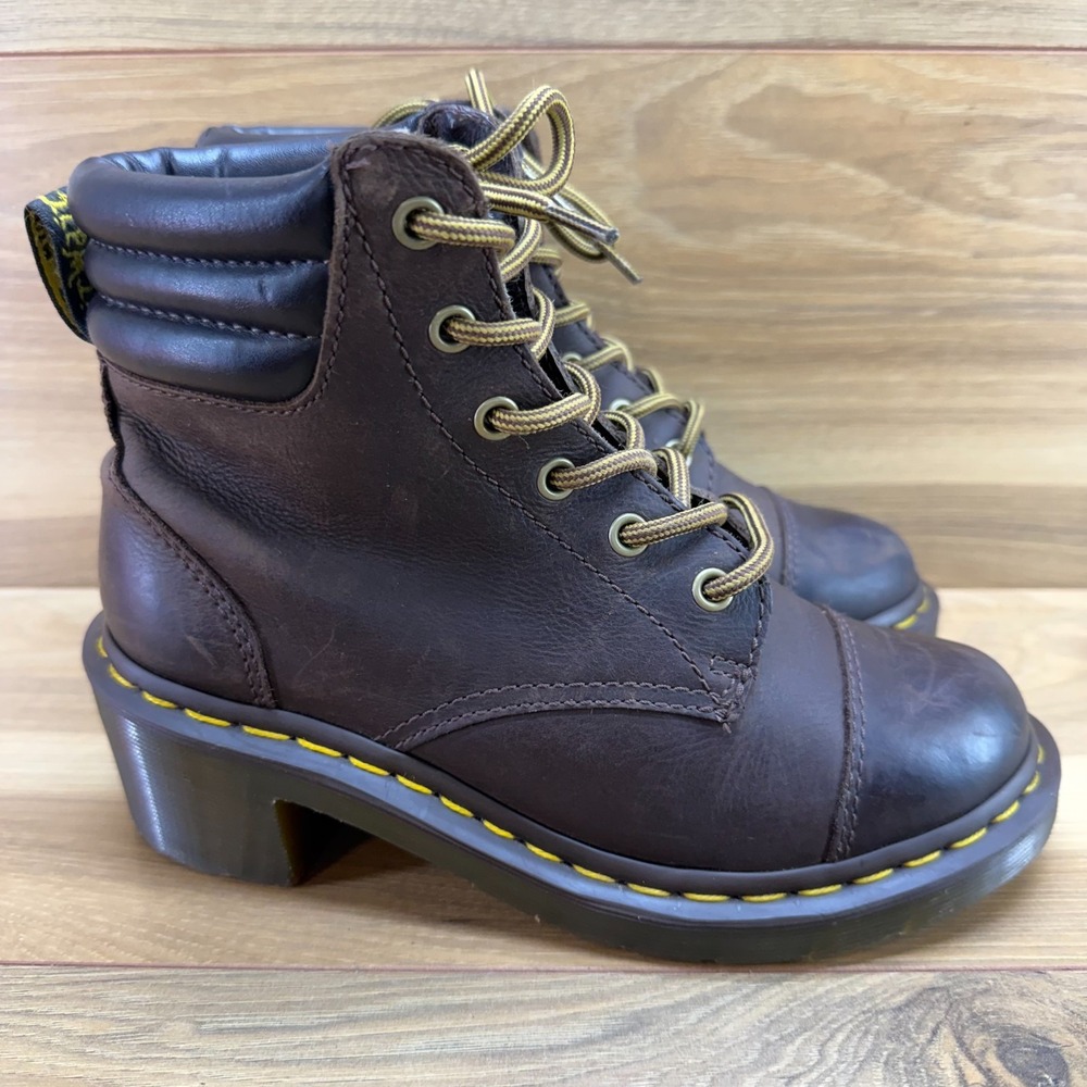 Dr Martens Alexandra Chunky Y2K Boots Womens 6 EU 37 Brown Leather Cap Toe Heel